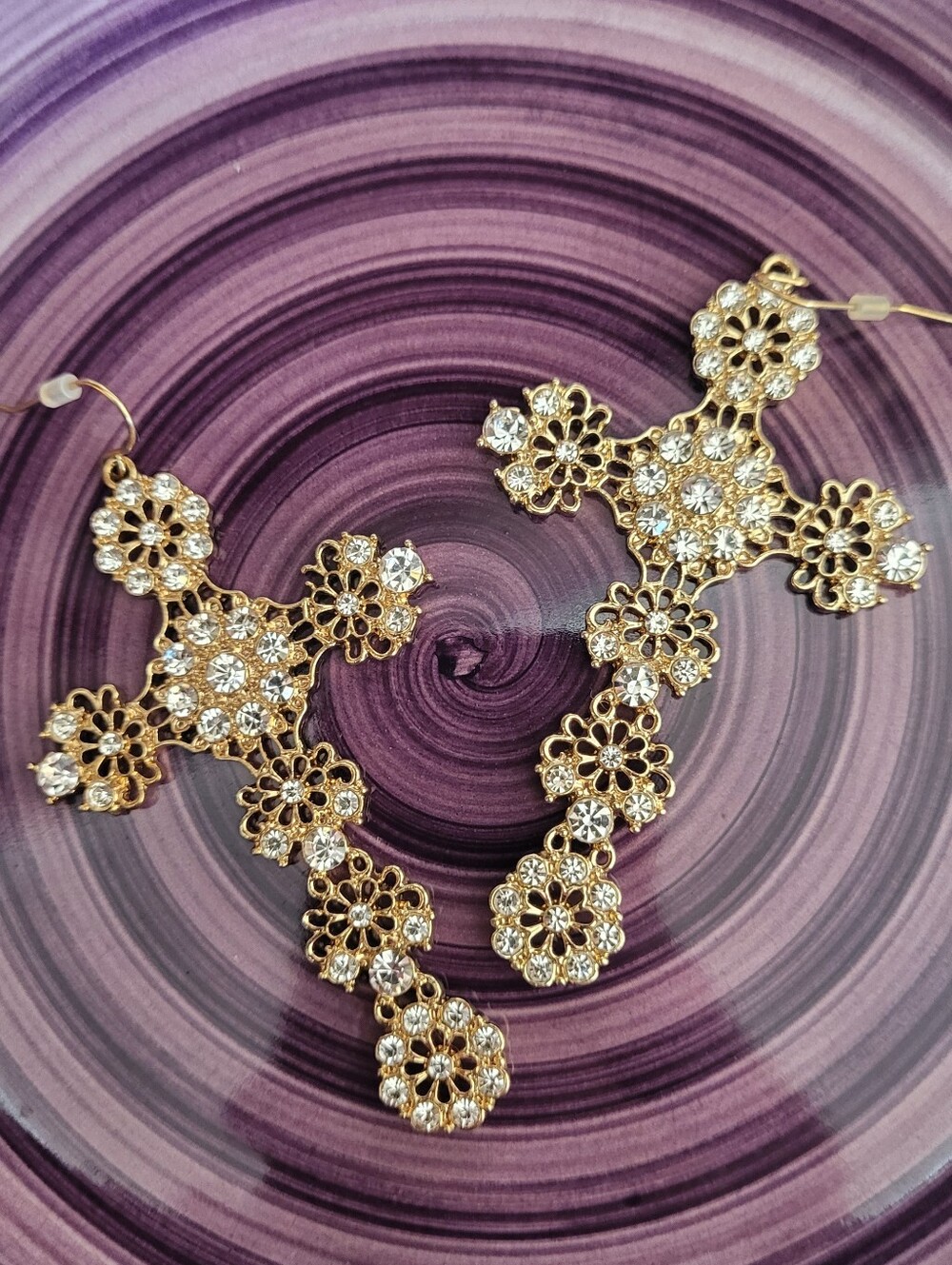 Coss dangle earrings Costume jewelry religion religious Gold Tone rhinestones